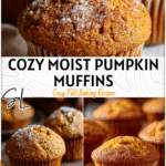 Freshly baked moist pumpkin muffins easy to make, topped with a dusting of spice on a rustic table. 2